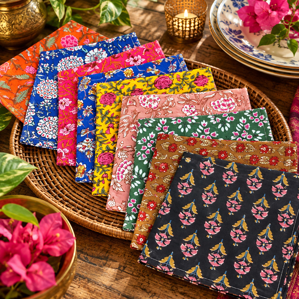 NEW Indian Cotton Cloth Napkins Set of 10 16" Floral Block Print Boho Assorted